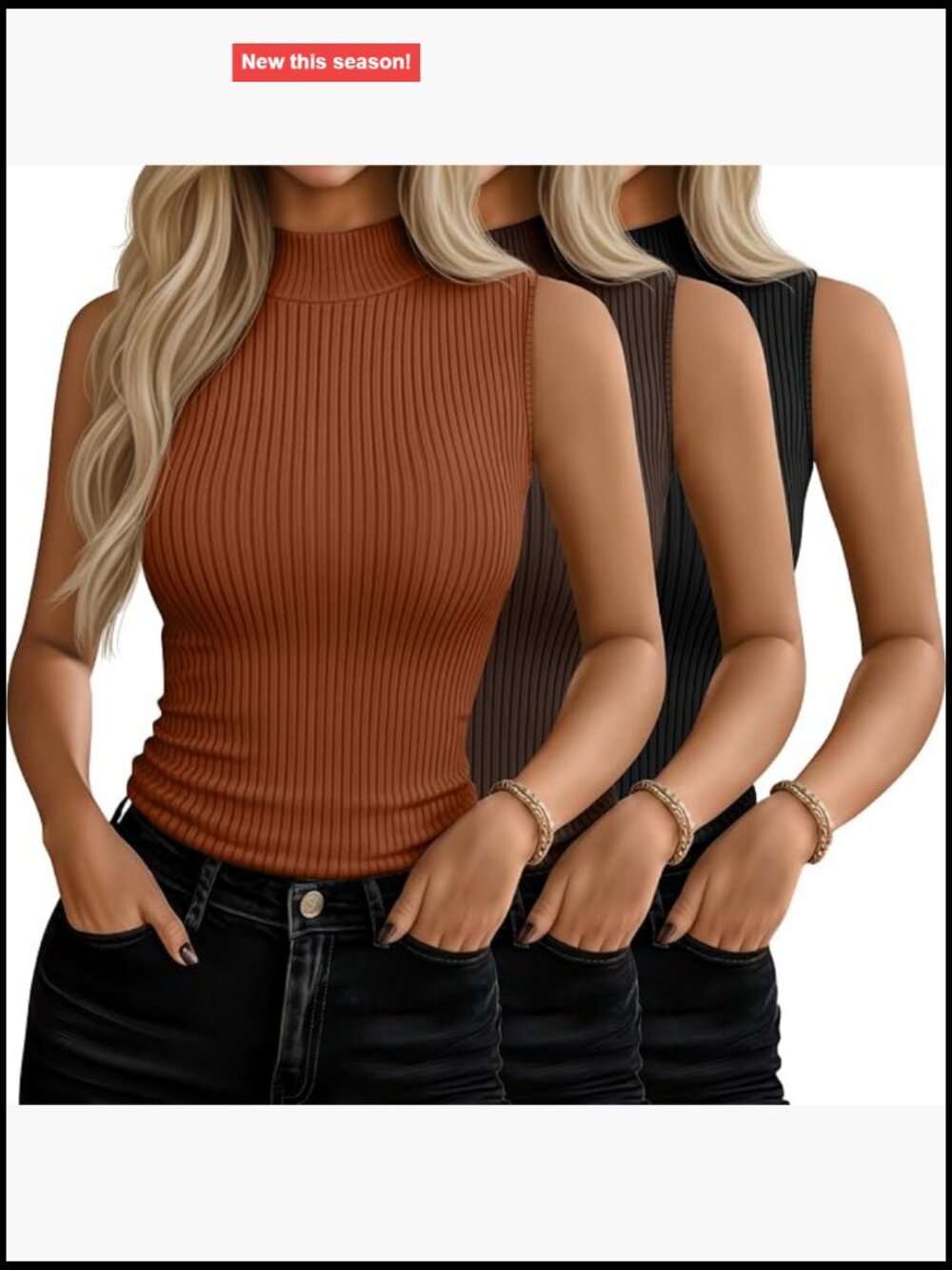 3 Pack Sleeveless Turtleneck Tanks 92% Rayon 8% Spandex Stretch Fit